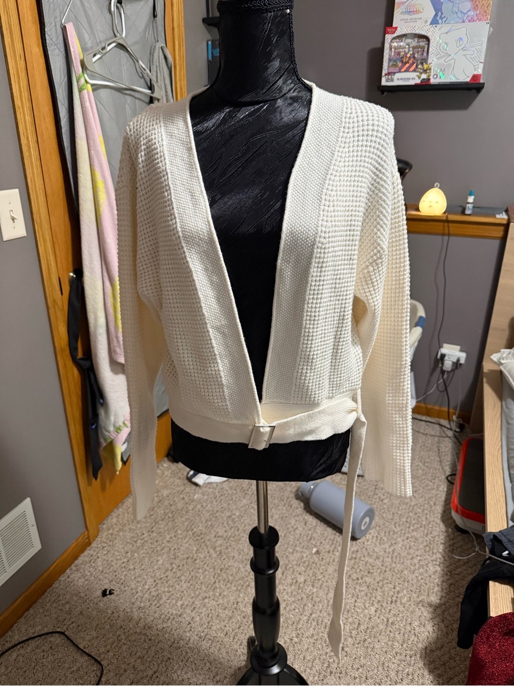 Fashion Nova Cream Waffle Knit Wrap Cardigan with Belt